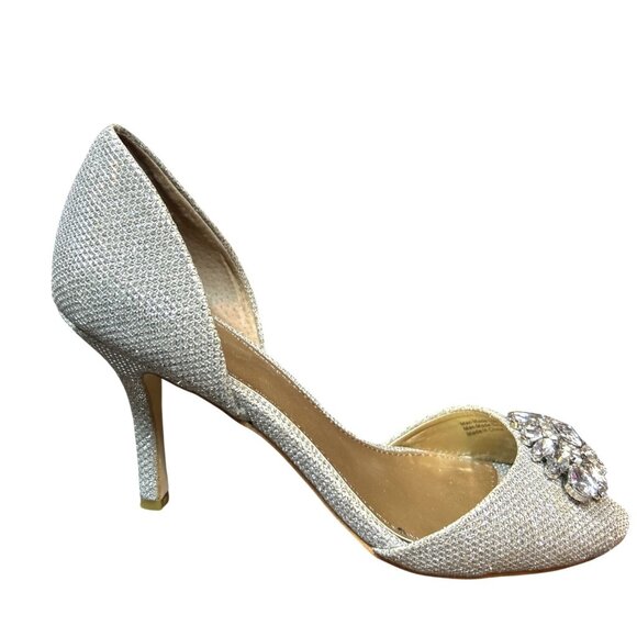 Belle Badgley Mischka Women's 6 Silver Rhinestones Peep Toe Heels Wedding Formal - Picture 3 of 13